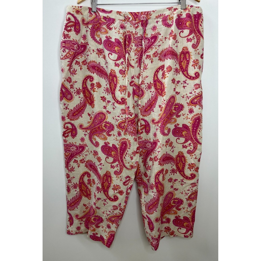 Units Woman Paisley 100% Linen Relaxed Pants Tan Pink Plus Size 2X Lagonlook - Picture 13 of 14
